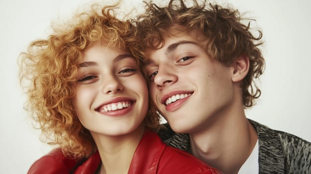 Close-up portrait of modern happy young teenage couple, generation z, woman and man smiles together on white studio background