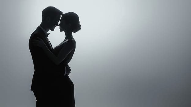 Romantic silhouette of a beautiful young couple embracing on gray studio background. Elegant loving woman and man, a passionate and intimate moment