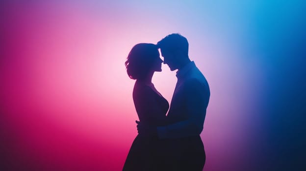 Valentine's day, love concept. Romantic silhouette of a young couple embracing on pink studio background. A passionate and intimate moment