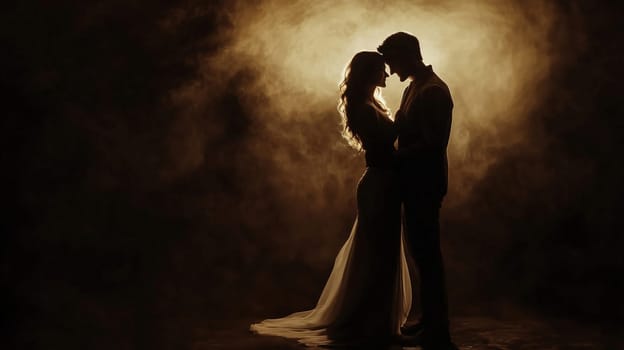 Romantic silhouette of a beautiful young couple embracing on studio background. Elegant woman and man, a passionate and intimate moment