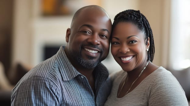 Portrait of happy black American mature couple smiling, African woman and man together at home