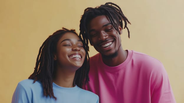 Portrait of stylish modern happy laughing young African teenage couple with dreadlocks hair, black woman and man joyful smiles together on studio background