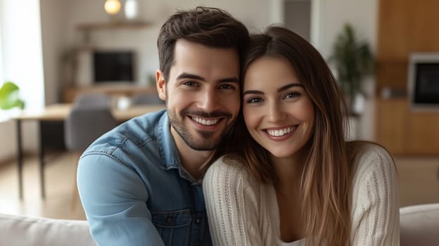 Portrait of happy relaxed young couple hugging, woman and man smiling sitting on sofa at home together