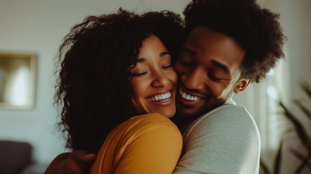 Portrait of happy young black American couple smiling embracing at home