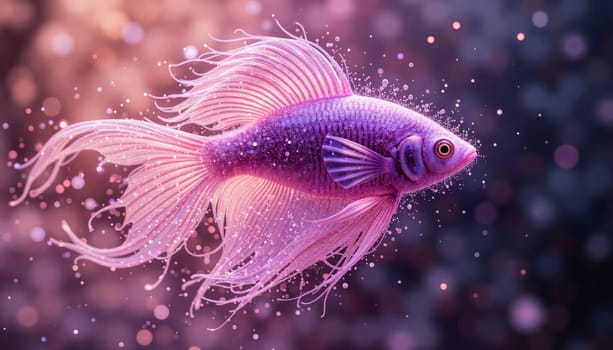 A pink fish with a long tail is swimming in a dark background. The fish is surrounded by a lot of sparkles, giving it a dreamy and ethereal appearance