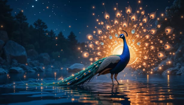 A peacock is standing in a body of water with a glowing, fiery aura surrounding it. The scene is serene and peaceful, with the bird standing out as the focal point