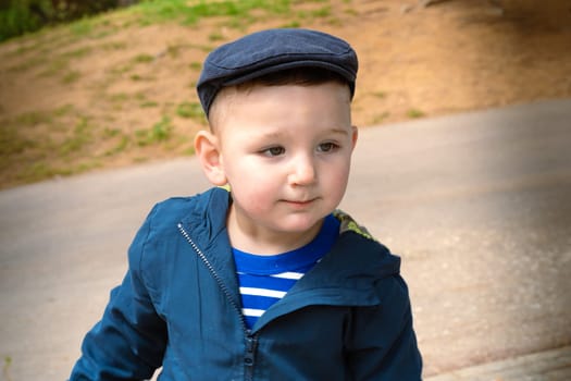 A happy little boy smiles enjoying an afternoon in the park. Portrait of boy in nature, park or outdoors.