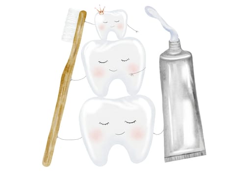 Tooth watercolor composition. Cute cartoon baby teeth with toothbrush on isolated white background. Dental clip art. Ideal for cards and invitations to the party baby's first tooth, posters in the doctor's office. High quality illustration