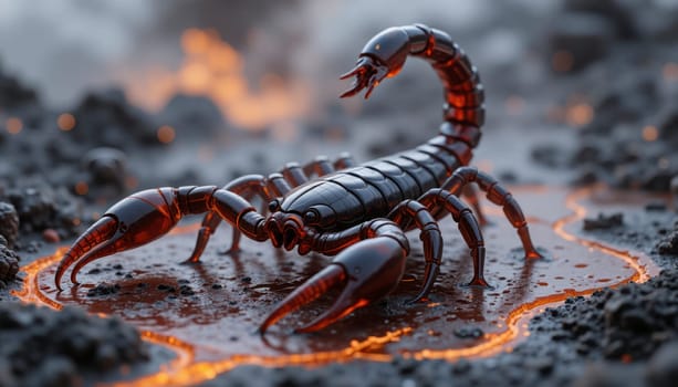 A large brown scorpion is standing on a lava rock. The scorpion is surrounded by a pool of lava, which gives the image a fiery and dangerous atmosphere