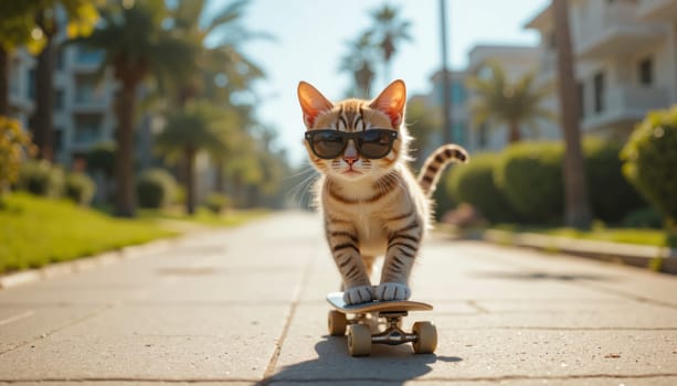 A cat wearing sunglasses is riding a skateboard down the street. The cat appears to be enjoying itself and is likely trying to impress someone with its coolness