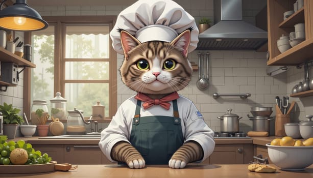 A cat chef is wearing a white apron and a red bow tie. He is sitting at a kitchen counter with a bowl of food in front of him
