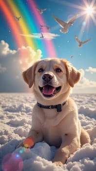 A dog is sitting on a snowy field with a rainbow in the background. The dog is smiling and he is enjoying the beautiful scenery
