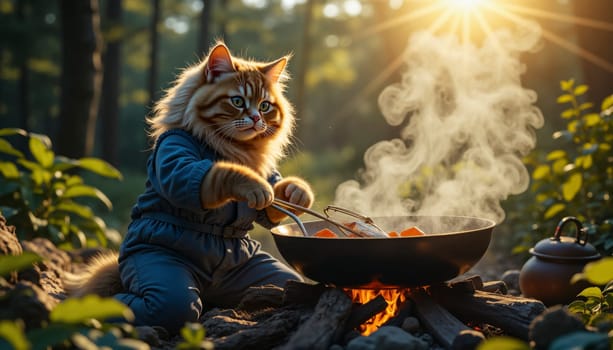 A cat is cooking food in a pan over a fire. The cat is wearing a blue outfit and he is enjoying the cooking process