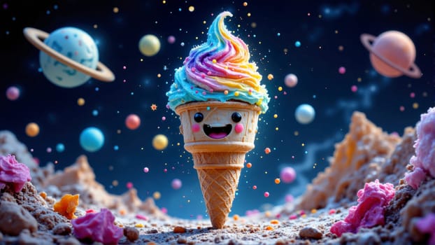 A colorful ice cream cone with a smiling face on it is surrounded by a galaxy of planets. The scene is whimsical and playful, with the ice cream cone standing out as the main focus