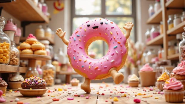 A cartoon character in a pink donut is jumping in a messy room. The room is filled with various objects such as a bowl, a cup, a spoon, a bottle, and a cake. The scene gives off a playful