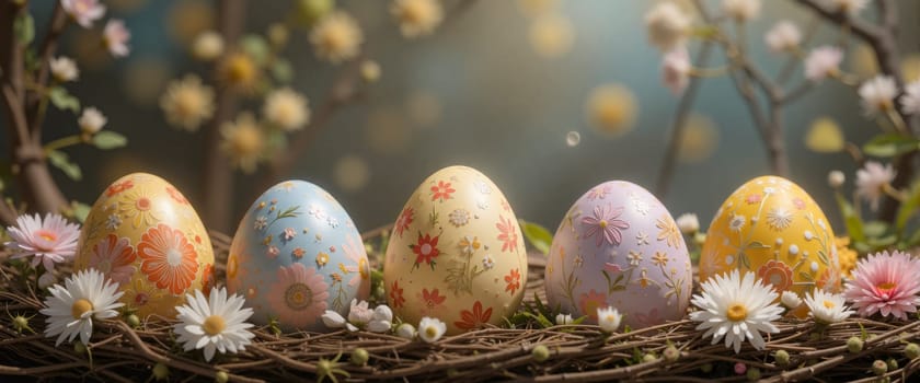 A row of painted eggs are sitting on a bed of flowers. The eggs are of different colors and designs, and the flowers are pink and white. Concept of springtime and new beginnings