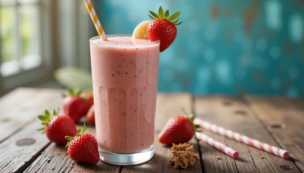 A glass of strawberry smoothie with a straw and a strawberry on top. Scene is light and refreshing