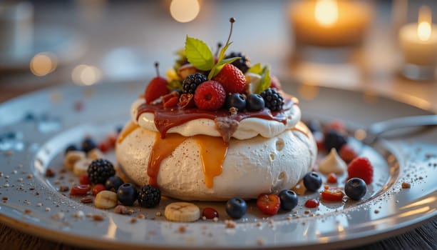 A dessert with a white frosting and berries on top. The dessert is on a plate and is placed on a table
