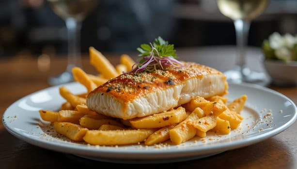 A plate of fish and fries with a garnish of parsley. The plate is set on a table with wine glasses and a bowl