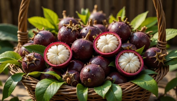 A basket of fruit with a few pieces of fruit missing. The fruit is purple and white