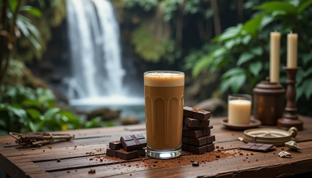 A glass of coffee is on a table next to a waterfall and a pile of chocolate. The scene is serene and peaceful, with the coffee
