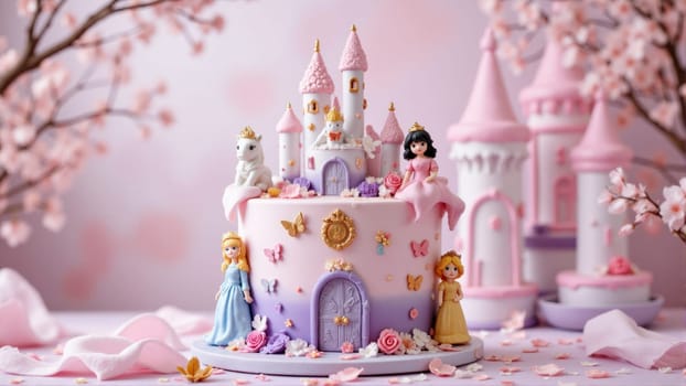 A cake with a castle and princesses on it. The castle is pink and purple and the princesses are wearing pink dresses