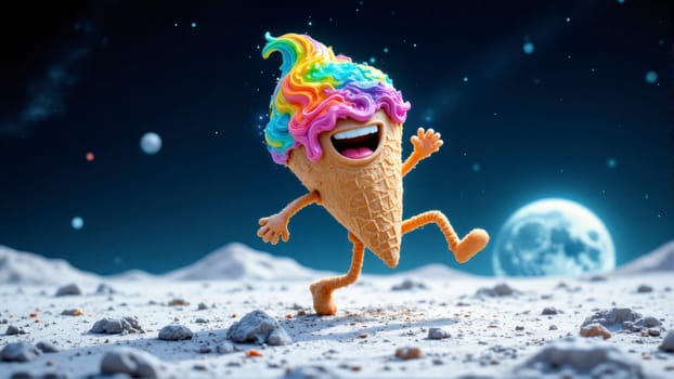 A cartoon character with rainbow hair is standing on a snowy surface with a giant ice cream cone on its head