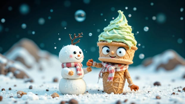 A cartoon character with a green ice cream cone hat is holding a snowman's hand. The scene is set in a snowy landscape, with mountains in the background. Scene is playful and lighthearted