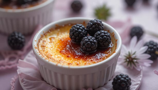 A white plate with a dessert and blackberries on top. The dessert is a blackberry tart