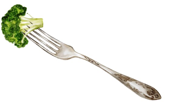 Broccoli watercolor illustration. A a piece of green cabbage of on a fork on an isolated white background. Botanical composition with kitchen appliance. Hand-drawn clip art for menu design, price tags, packaging of vegetarian stores and cafes. High quality illustration