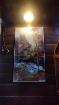 Nature forest painting art lamp black background . High quality photo