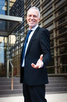 Professional, mature and serious executive manager, proud lawyer, business leader in suit and tie looking at camera.