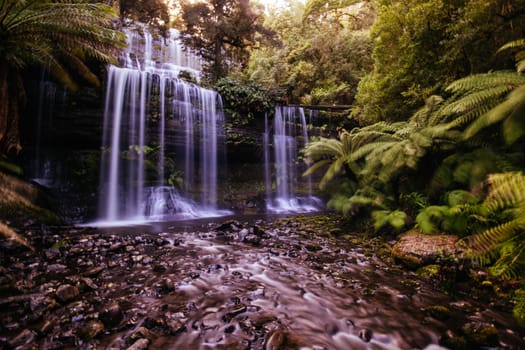 The majestic Russell Falls in Mt Field National Park on a cold spring afternoon in Tasmania, Australia