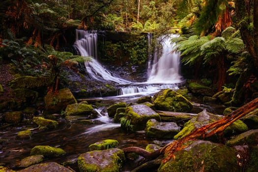 The majestic Horseshoe Falls in Mt Field National Park on a cold spring afternoon in Tasmania, Australia