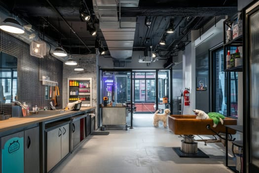 A dog grooming salon with sleek design offers ample space for pet care activities.