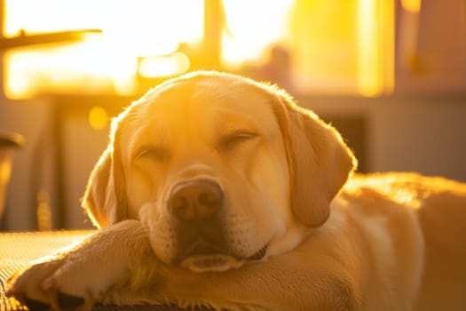 A golden retriever puppy is peacefully resting by a window, enjoying the warm sunset.