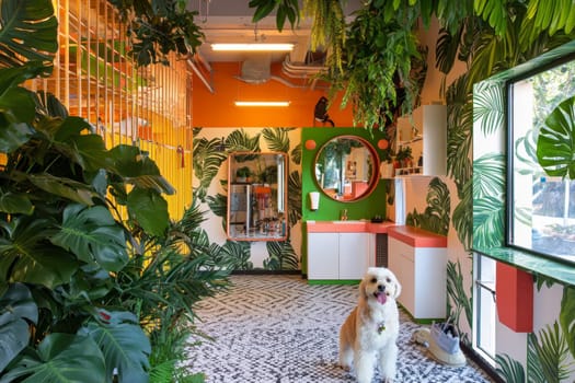 A stylish grooming area featuring lush plants, colorful walls, and a relaxed atmosphere for pets.