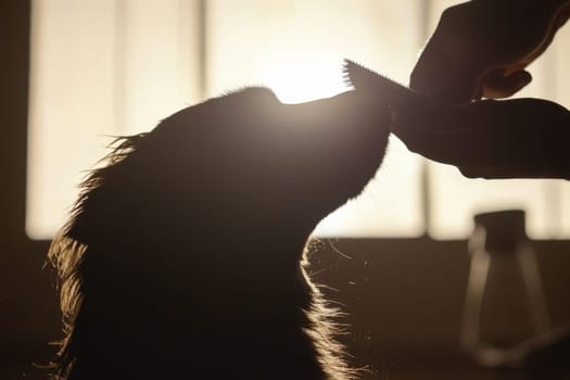 A person gently grooms a dog, creating a tranquil moment illuminated by soft, warm light.