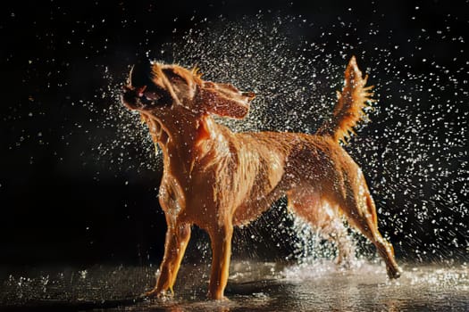 A golden retriever is joyfully shaking off water after a refreshing grooming session.