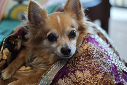 A small dog is comfortably nestled in ornate fabric, enjoying a peaceful moment indoors.