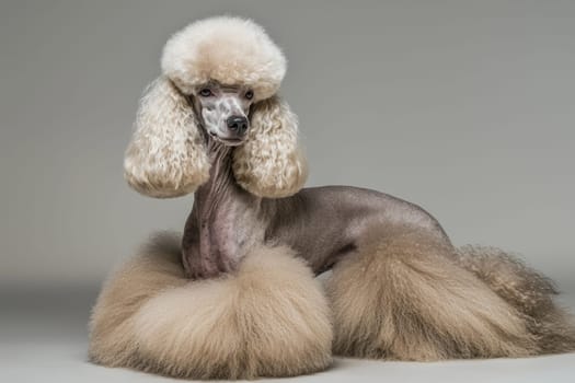 A poodle poses elegantly after a thorough grooming, showcasing its fluffy coat in soft colors.