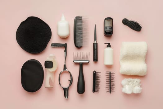 A variety of grooming tools arranged neatly, showcasing their importance for pet care.