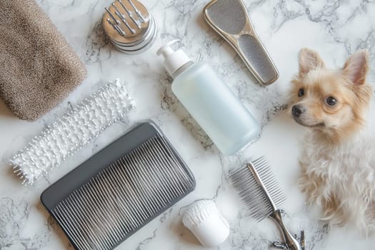 A small dog rests beside grooming tools and products arranged neatly on marble.
