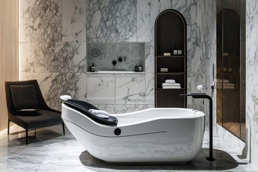A well-designed bathroom showcases a freestanding tub, sleek furnishings, and marble walls, creating a serene and modern atmosphere.