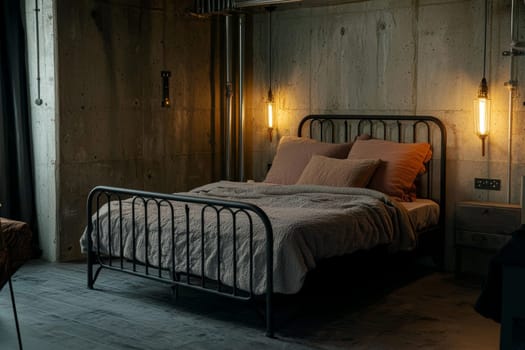 A cozy bedroom features a minimalist metal bed with soft pillows, concrete walls, and warm ambient lights creating an inviting atmosphere.