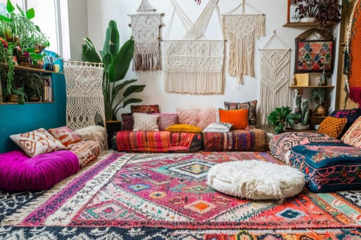 A vibrant living room features eclectic furniture, colorful textiles, and lush plants, offering a warm bohemian atmosphere.