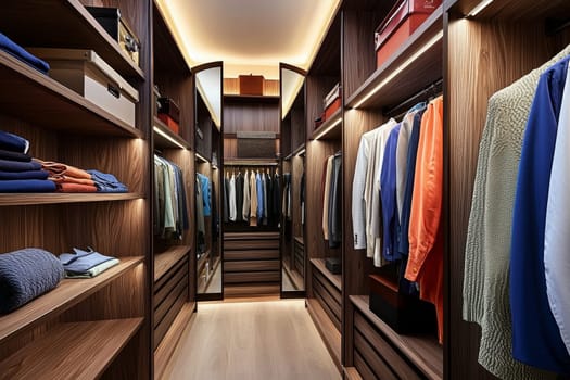 A spacious walk-in closet showcases an impressive array of clothing and accessories, highlighting a blend of modern design and organization.