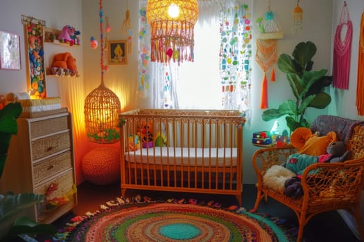 A cheerful nursery features an orange crib, playful decorations, and a cozy vibe, designed for comfort and warmth for babies.
