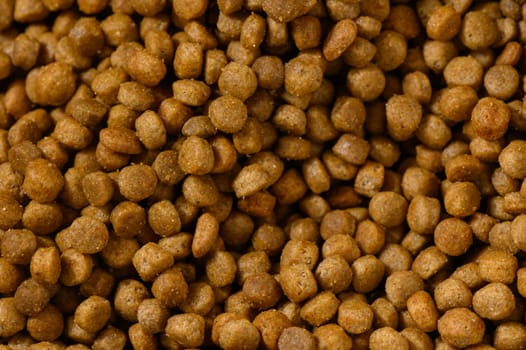 Tiny brown kibble pieces form a rich tapestry, ready for pets to enjoy during mealtime or snack time.