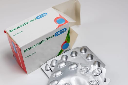 Atorvastatin against high cholesterol in the bkood pills. Copenhagen, Denmark - February 11, 2025